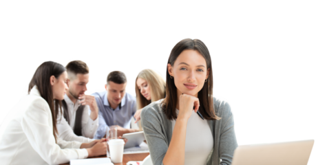 Businesswoman with colleagues in the background on a transparent background