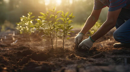Person planting trees, Concept of community participation in environmental conservation and sustainability. Generative Ai