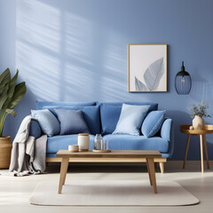 modern interior design Home interior mock-up with blue sofa, wooden table and decor in blue living room