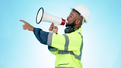 Black man, architect and pointing with megaphone in construction management against a studio background. African male person, contractor or engineer talking on bullhorn or loudspeaker in architecture - Powered by Adobe