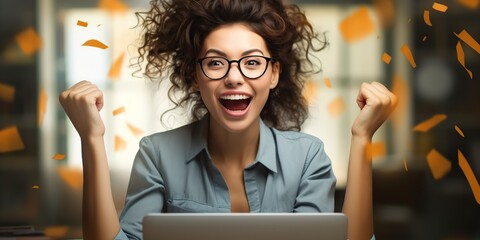 photo a woman sitting in a chair with glasses on is holding up a laptop with happy face, in the style of contest winner, - obrazy, fototapety, plakaty