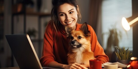 portrait woman with a dog looking at a laptop
