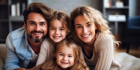 family with happy faces lying on the floor at home, in the style of light navy and light brown look at the camera