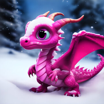 Image of a cute dragon on a snowy background