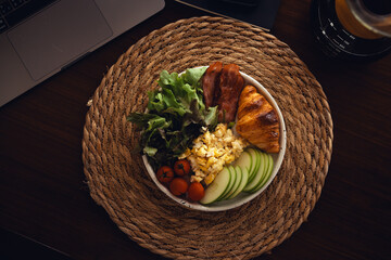 Scrambled Egg Croissant Bacon with Avocado and Tomato Salad