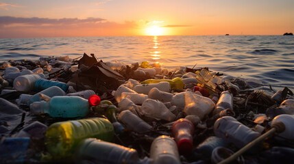 Environmental catastrophe Plastic pollution in the ocean, comprising plastic bottles and debris - obrazy, fototapety, plakaty
