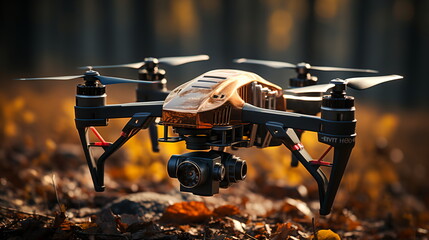 Innovation photography concept. Silhouette drone Flying over city