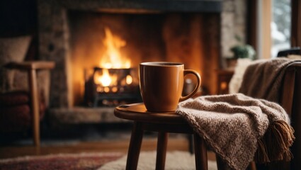 A mug of hot coffee stands on a chair with a woolen blanket