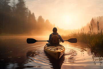 One adventurer enjoying an kayak excursion. Preserving natural habitats. Eco-friendly experience. Generative AI.