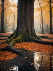 autumn forest in the morning, big tree