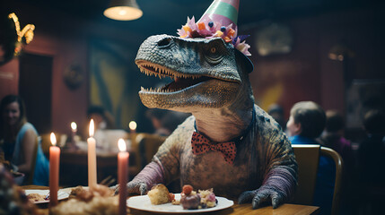 Party Dinosaurier feiert Geburtstag - obrazy, fototapety, plakaty
