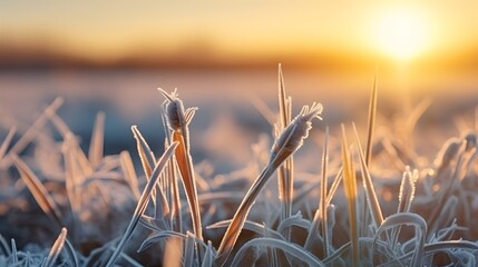 Field with winter wheat crops, leaves of germinating grain covered with morning frost. Sunrise early in the morning on the farm field. - obrazy, fototapety, plakaty