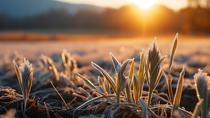 Field with winter wheat crops, leaves of germinating grain covered with morning frost. Sunrise...