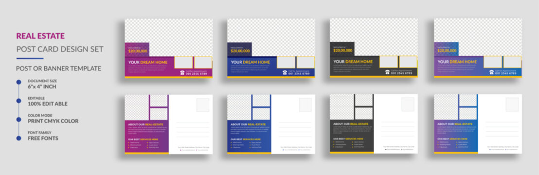 Real Estate Postcard Design Template. Real Estate Business Marketing Postcard Design Bundle Set, Home sale business banner design Promotion, Promotional EDDM Postcard, Social Media, Ad banner Design.