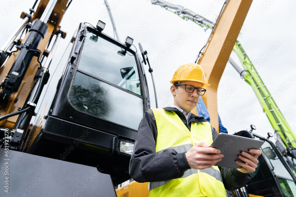 Poster engineer in a helmet with a digital tablet stands next to construction excavators.