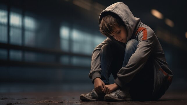 Poor sad and depressed vulnerable young boy hiding in a dark place being a victim of school bullying.