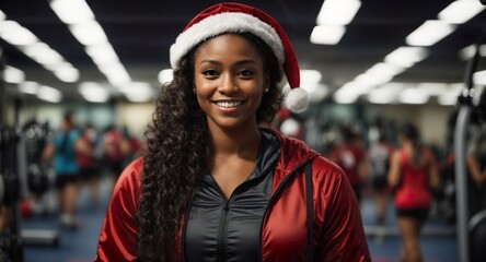 A beautiful, smiling, black, female gym trainer wearing christmas sportswear and a christmas hat in a fitness center. Generative AI. - obrazy, fototapety, plakaty