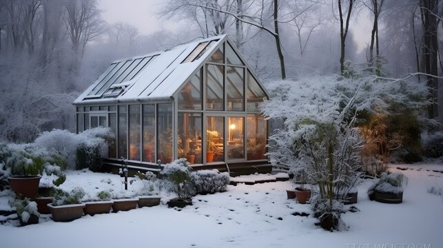 Garden with snow covered green house in winter an plum tree in the background