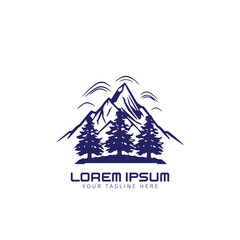 Mountain Logo with pine tree, vector illustration, icon, design, template, blue on white background