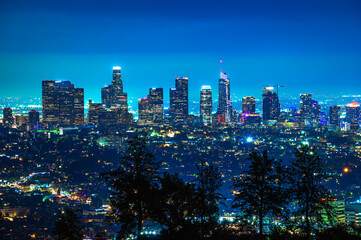 Los Angeles skyline photographed from Griffith Park at night.