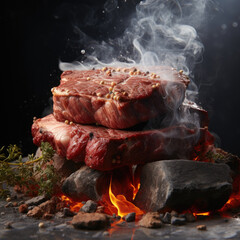 Grilled medium marble beef steak meal with rosemary on background