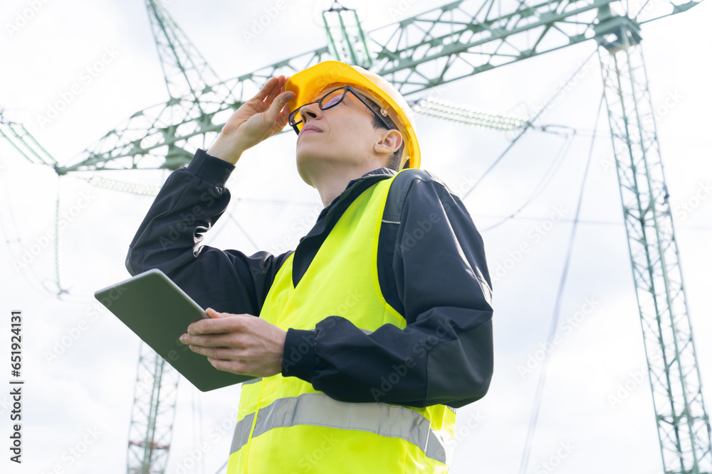 Poster Engineer with digital tablet on a background of power line tower