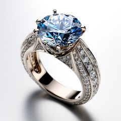White gold ring with blue sapphire or diamond gem on white background. Ai generative