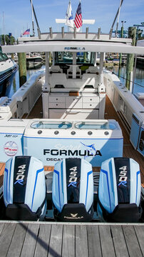 NORWALK, CT USA - 21 SEPTEMBER 2023: Formula 387 CCF displayed on Norwalk Boat Show