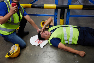 senior worker fell over and his head is bleeding on the floor in the factory