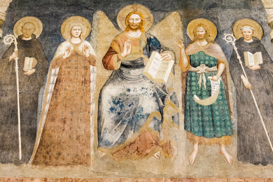 Ancient fresco in the refectory of Pomposa Abbey, Codigoro, Italy