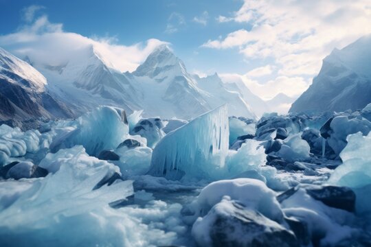 scenic view of frozen ice gracier in high mountains 