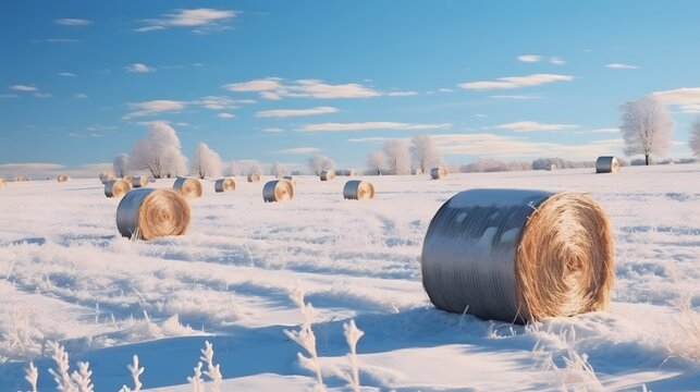Straw bales on farmland in winter with blue cloudy sky