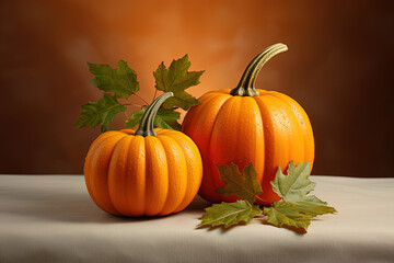 Orange pumpkins and autumn leaves on the Floor