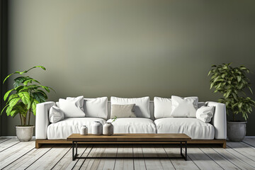 Fototapeta na wymiar Modern eco-friendly spring living room interior design with a white sofa, green indoor plants, a minimalist design, a green wall, and a wooden floor and table.