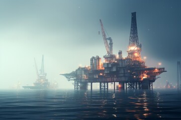 oil platform in the northern sea at sunset - obrazy, fototapety, plakaty