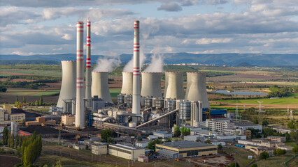aerial view of coal fired power station and Combined cycle power plant , Pocerady, Czech republic