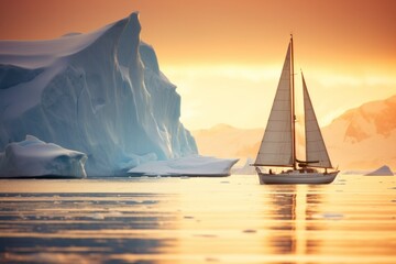 sailboat sailing in the arctic sea between icebergs in Antarctica - obrazy, fototapety, plakaty