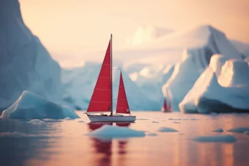  sailboat with red sails  sailing in the arctic sea between icebergs in Antarctica © urdialex