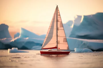 Rolgordijnen sailboat sailing in the arctic sea between icebergs in Antarctica © urdialex