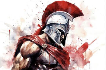 Achilles in Watercolor: Fierce Greek Warrior Amidst the Battle of Troy. Creative Depiction of Mythological Hero from Homer's Iliad - obrazy, fototapety, plakaty