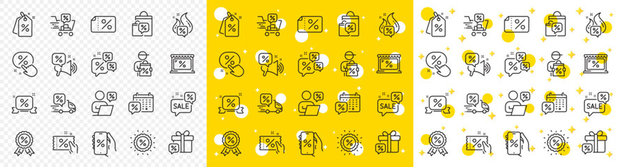 Sale Coupon, phone with percent sign, Discount price tag. Discounts line icons. Wholesale store market, calendar, hot deal line icons. Coupon ticket, megaphone offer, delivery discount. Vector