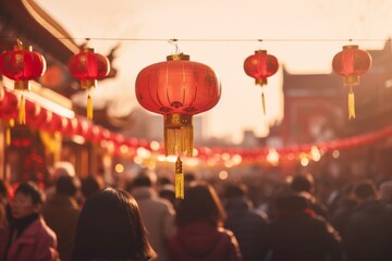 People celebrate chinese new year on a traditional chinese street on the background of chinese...
