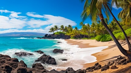 Paradise Found: Wailea Beach at Makena, Maui, Hawaii. Enjoy Pristine Sand, Palm Trees, and Stunning Rock Formations