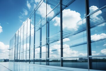Reflective Glass Curtain Wall Building Against Blue Sky with Clouds - Modern Steel Block Screen