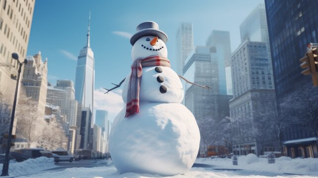 A giant snowman stands in the center of town. Creative photo for New Year greetings