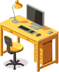 Office desk with computer and lamp. Modern business workplace. Home workspace table. Vector illustration.