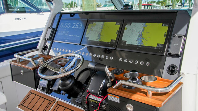 NORWALK, CT USA - 21 SEPTEMBER 2023: Formula 387 CCF control panel on fishing boat displayed at Norwalk Boat Show