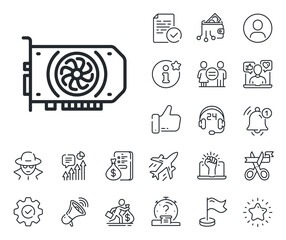 Computer component hardware sign. Salaryman, gender equality and alert bell outline icons. Gpu graphic card line icon. Gpu line sign. Spy or profile placeholder icon. Online support, strike. Vector