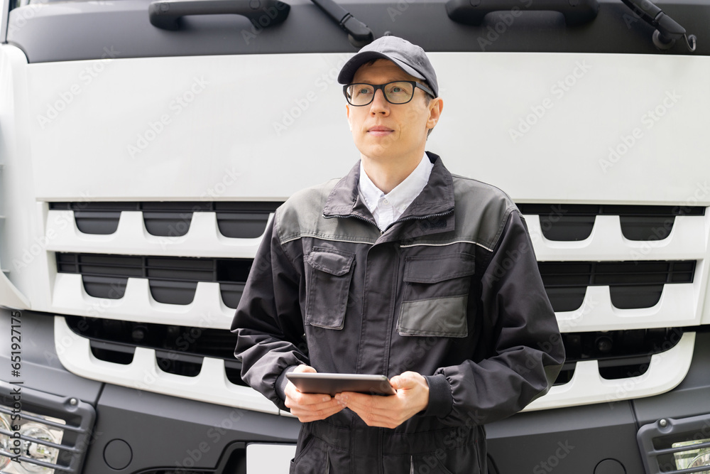 Poster manager with a digital tablet next to truck. fleet management..