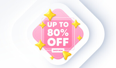 Up to 80 percent off sale. Neumorphic promotion banner. Discount offer price sign. Special offer symbol. Save 80 percentages. Discount tag message. 3d stars with cursor pointer. Vector